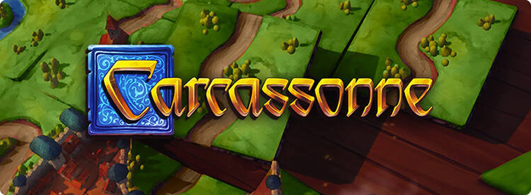 Promotiebanner voor het bordspel Carcassonne met kleurrijke landschapstegels uit het populaire strategische bordspel.