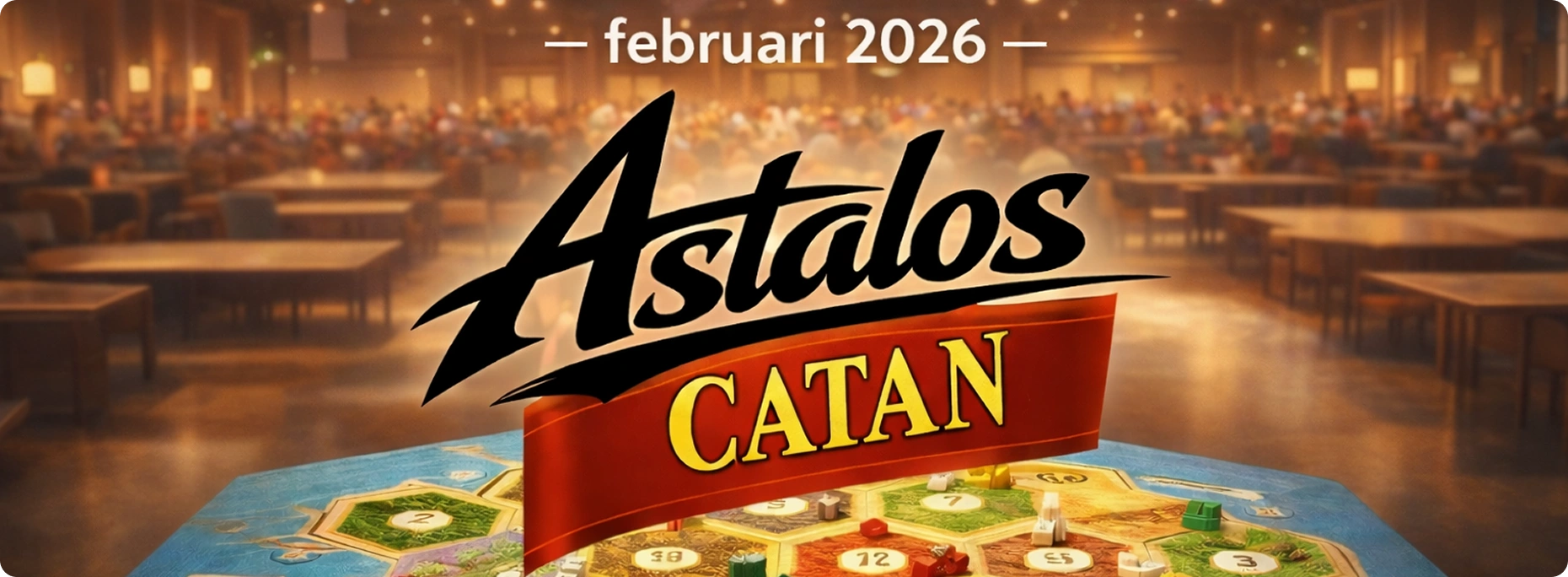 Banner ter promotie van een indoor Catan-bordspeltoernooi met een grote zaal vol tafels en spelers.