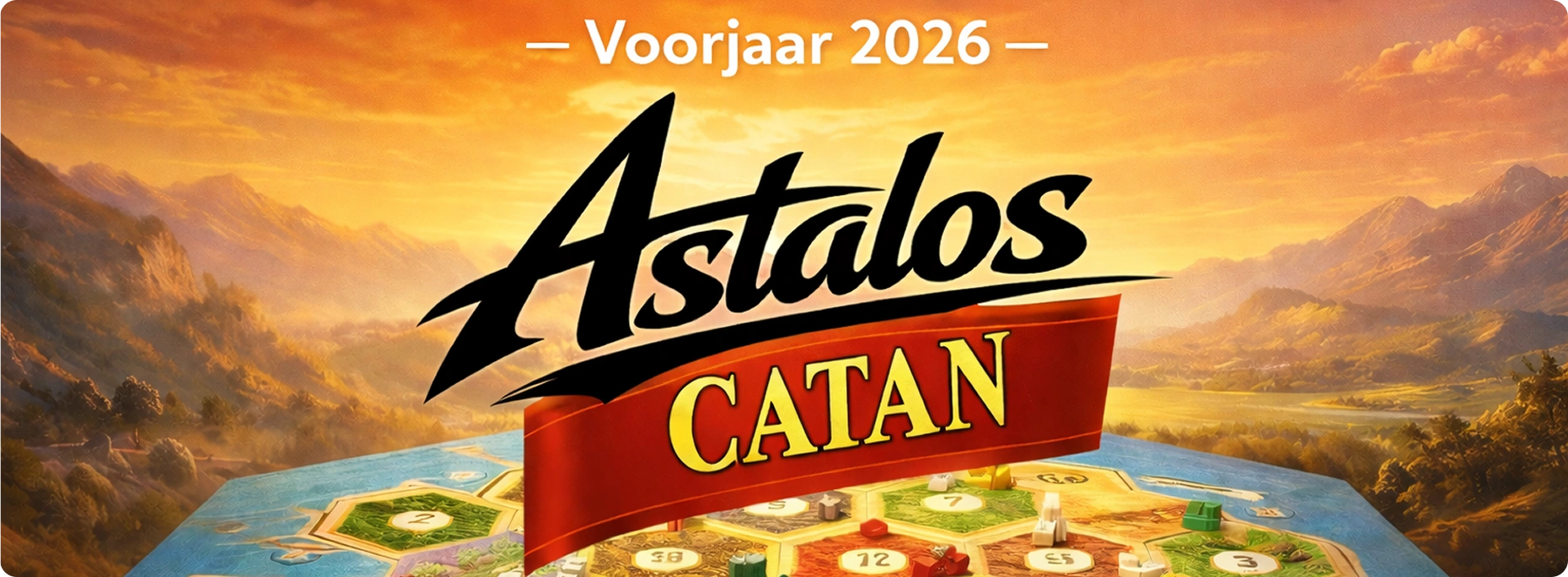 Promotiebanner voor een Catan-bordspeltoernooi tegen een schilderachtig landschap geïnspireerd op het spelbord.
