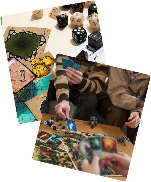 Collage van tabletop rollenspel met fantasiekaarten, veelvlakkige dobbelstenen en spelers die kaarten en miniaturen gebruiken tijdens een strategisch bordspel.